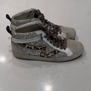 Ganni Silver Glitter and Leopard Print Sneakers